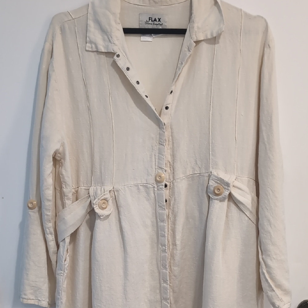 VTG Flax By Jeanne Englehart Cream Snap-Up Belted Maxi Dress Duster Lagenlook - Picture 7 of 9